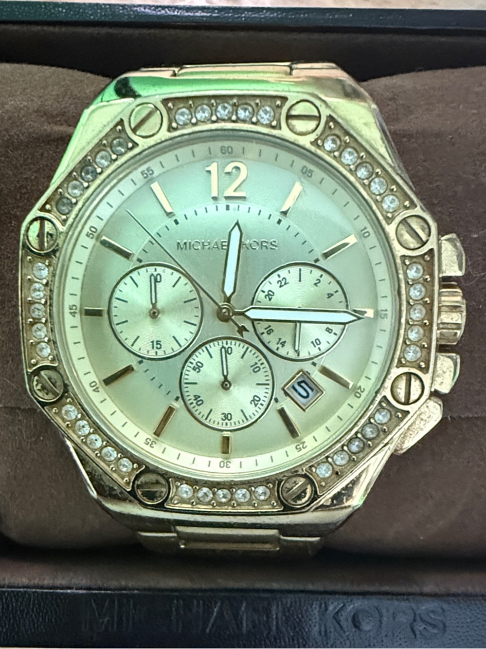 Michael Kors MK5505 Gold stainless steel pave’ Mens classic Chronograph Watch